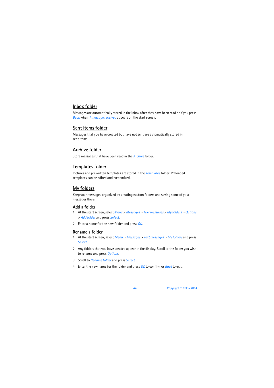 Inbox folder, Sent items folder, Archive folder | Templates folder, My folders, Add a folder, Rename a folder | Nokia 3205 User Manual | Page 45 / 253