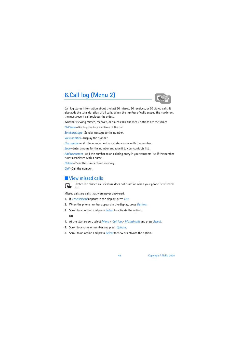 Call log (menu 2), View missed calls | Nokia 3205 User Manual | Page 47 / 253
