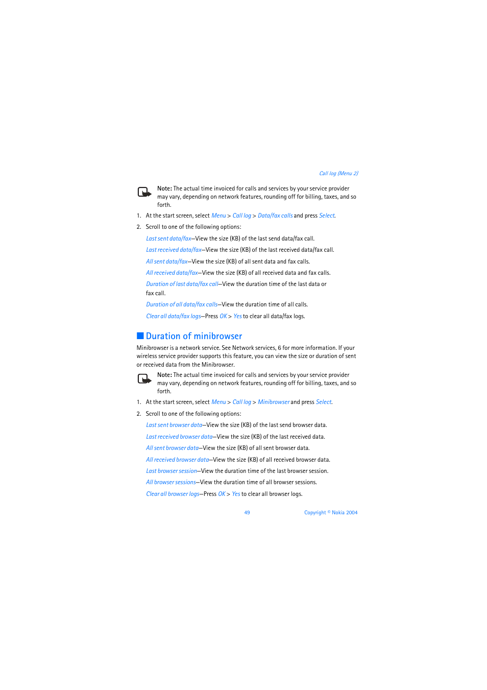 Duration of minibrowser | Nokia 3205 User Manual | Page 50 / 253