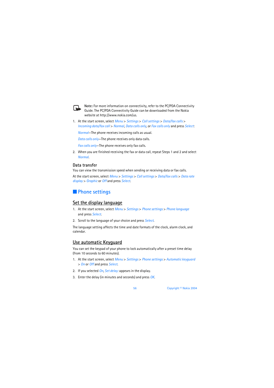 Data transfer, Phone settings, Set the display language | Use automatic keyguard | Nokia 3205 User Manual | Page 57 / 253