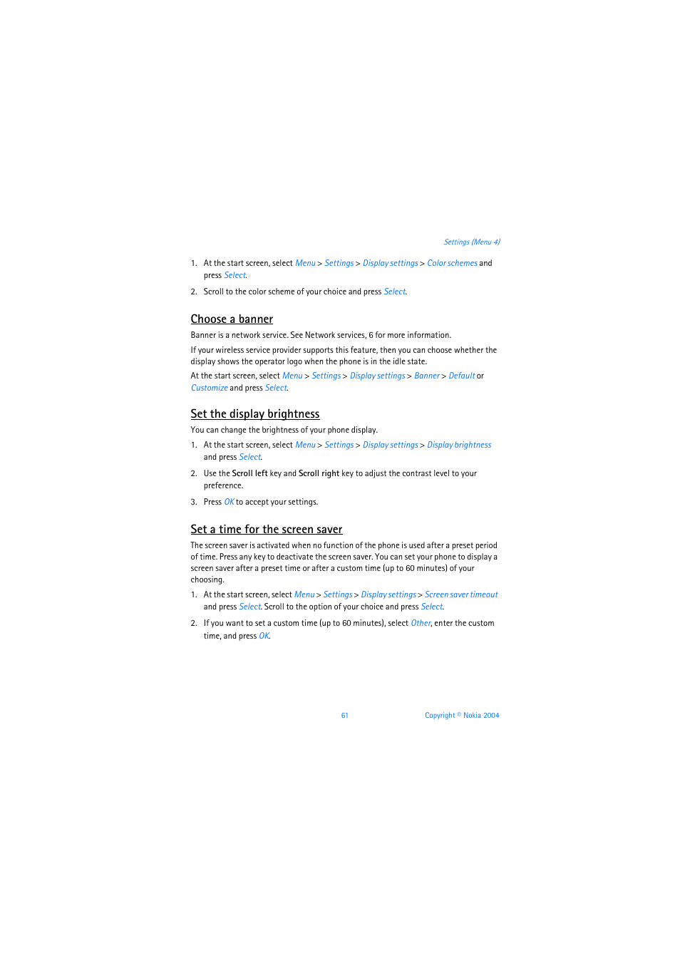 Choose a banner, Set the display brightness, Set a time for the screen saver | Nokia 3205 User Manual | Page 62 / 253