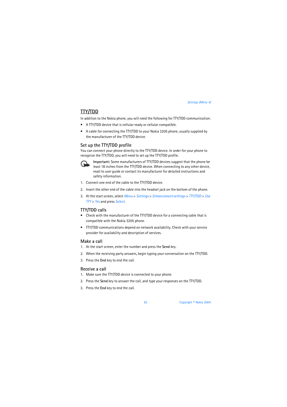 Tty/tdd, Set up the tty/tdd profile, Tty/tdd calls | Make a call, Receive a call | Nokia 3205 User Manual | Page 64 / 253