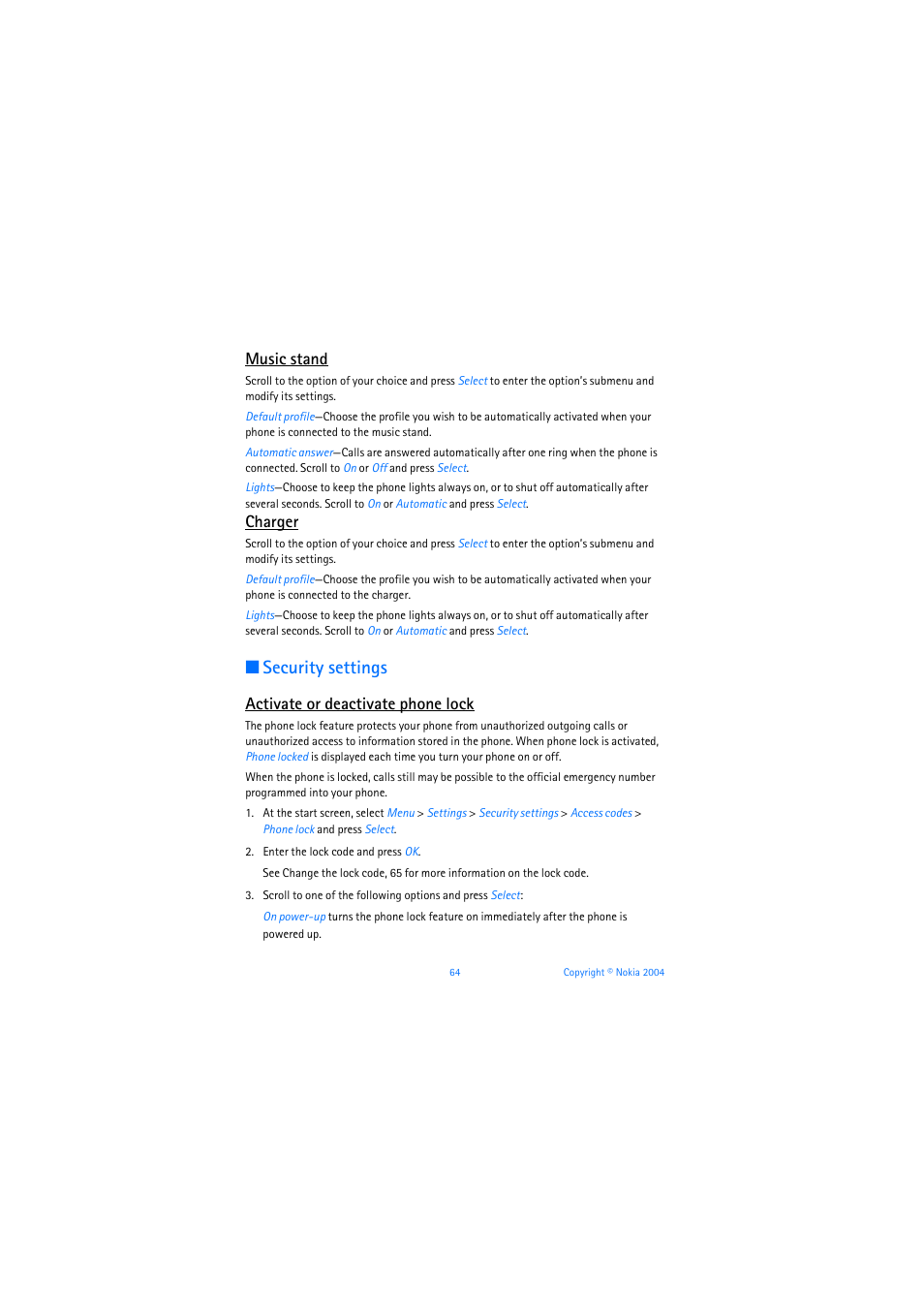 Music stand, Security settings, Activate or deactivate phone lock | Charger | Nokia 3205 User Manual | Page 65 / 253