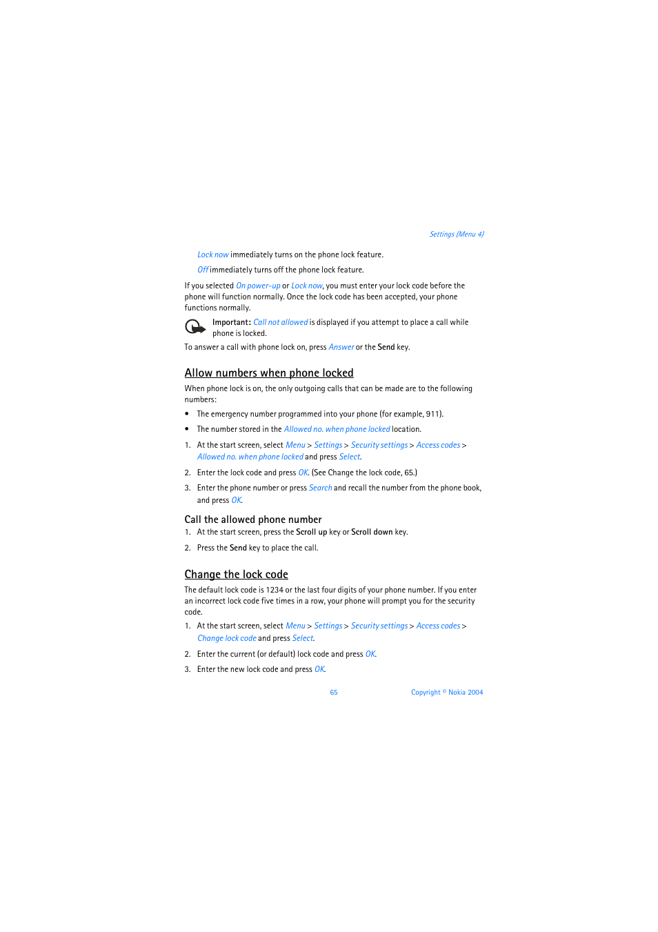 Allow numbers when phone locked, Call the allowed phone number, Change the lock code | Nokia 3205 User Manual | Page 66 / 253