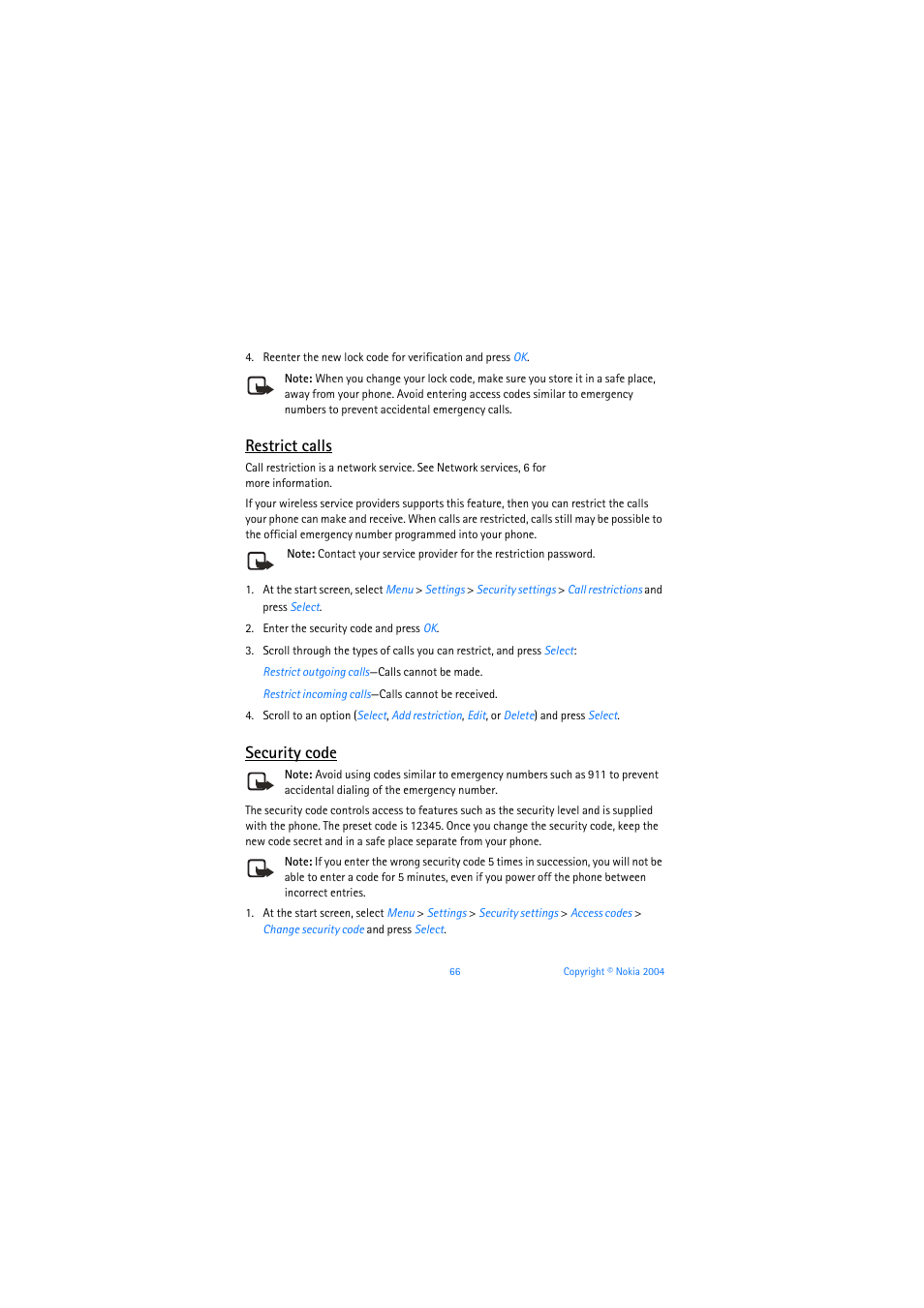 Restrict calls, Security code | Nokia 3205 User Manual | Page 67 / 253