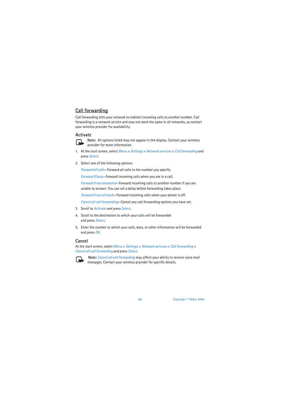 Call forwarding, Activate, Cancel | Call forwarding, 68 | Nokia 3205 User Manual | Page 69 / 253