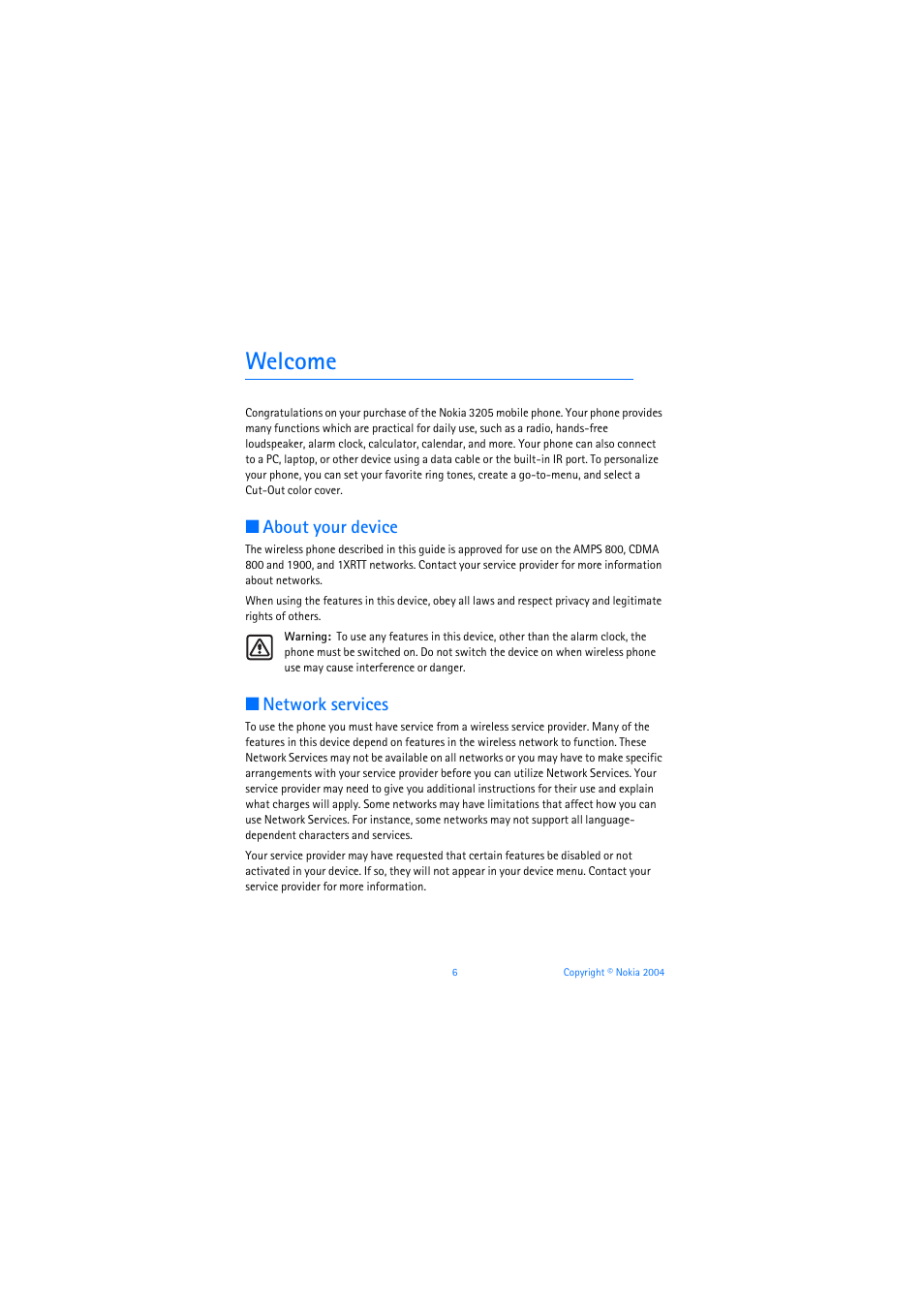 Welcome, About your device, Network services | Nokia 3205 User Manual | Page 7 / 253