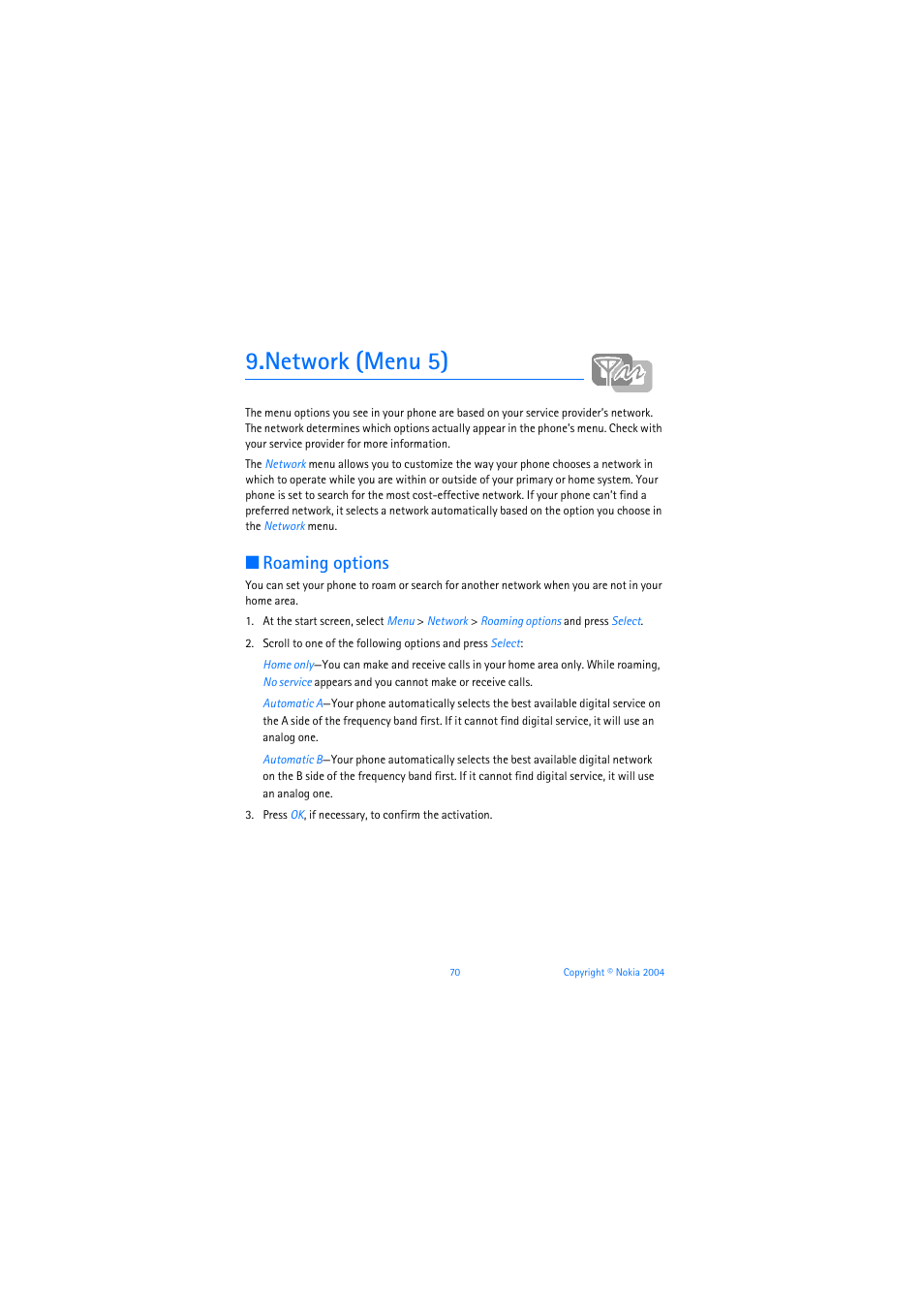 Network (menu 5), Roaming options | Nokia 3205 User Manual | Page 71 / 253