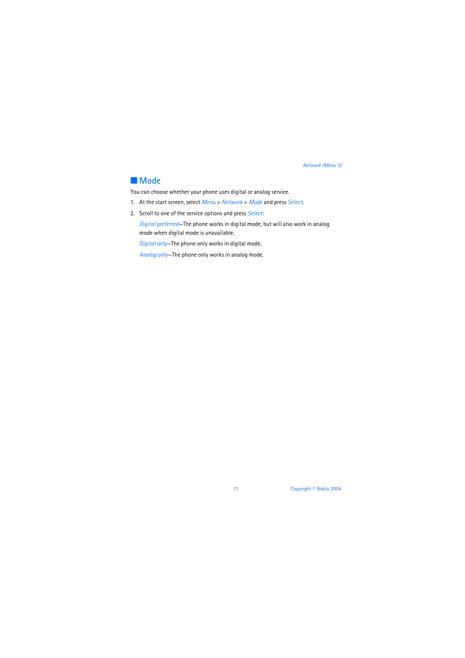 Mode | Nokia 3205 User Manual | Page 72 / 253
