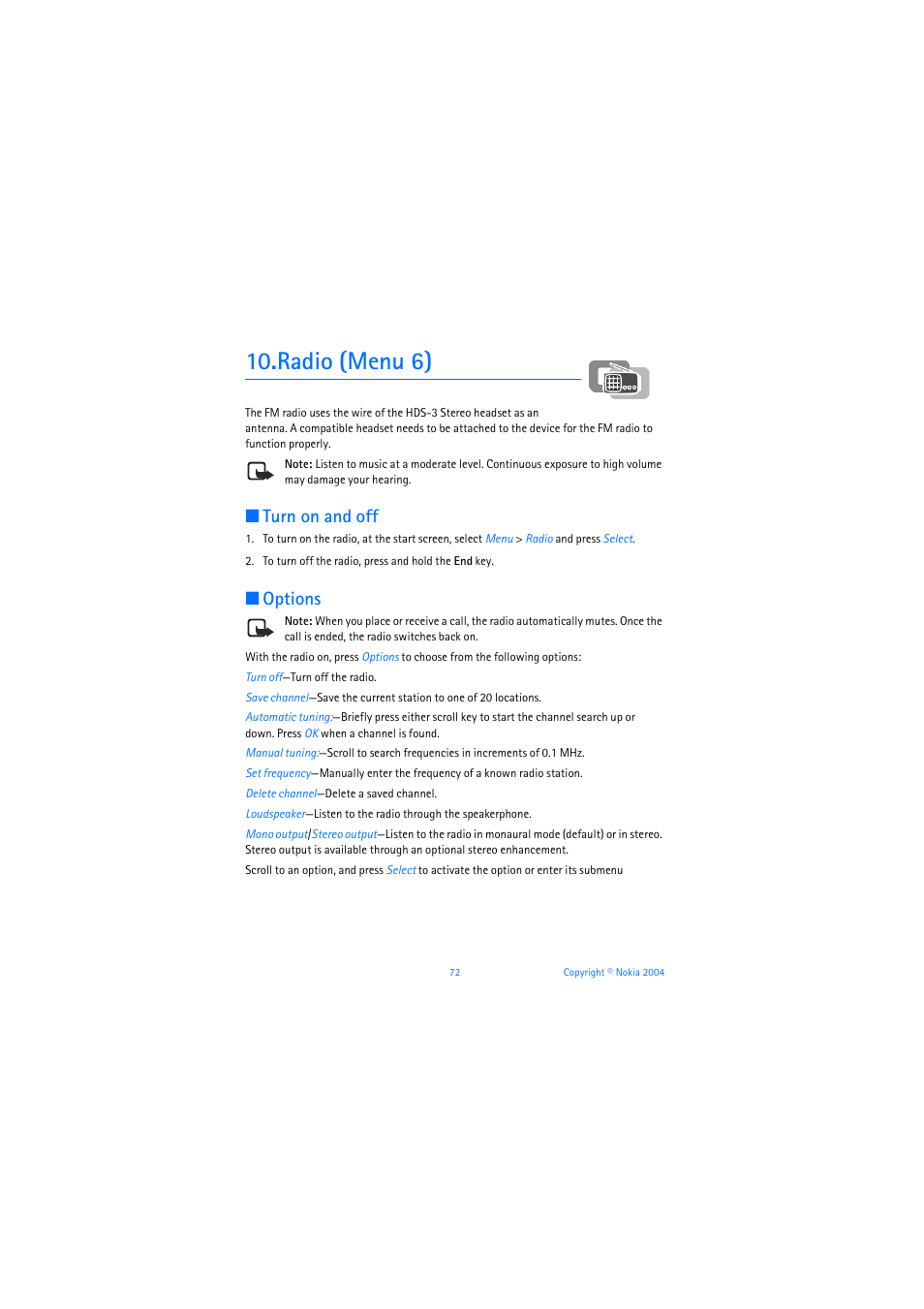 Radio (menu 6), Turn on and off, Options | Nokia 3205 User Manual | Page 73 / 253