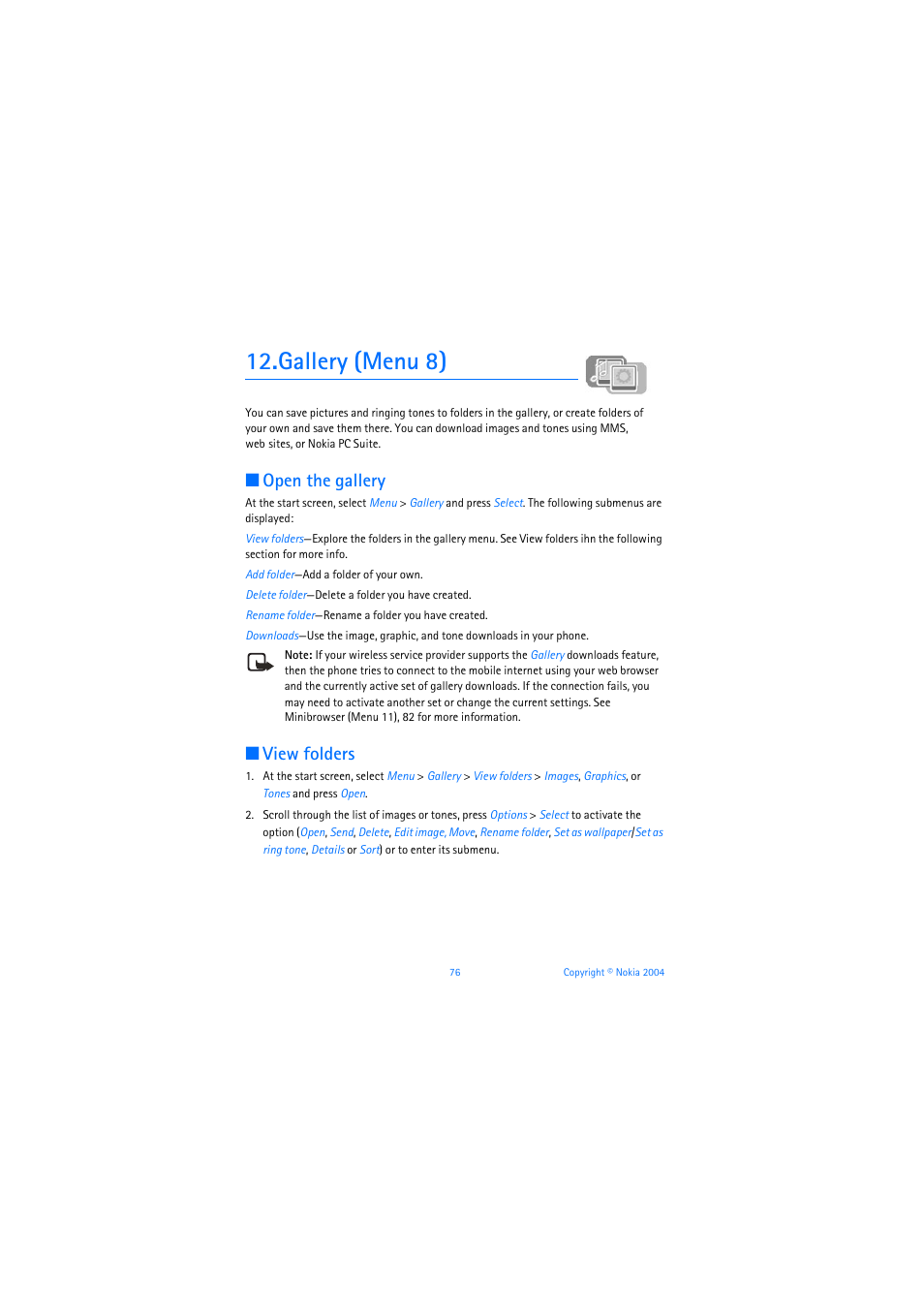 Gallery (menu 8), Open the gallery, View folders | Nokia 3205 User Manual | Page 77 / 253