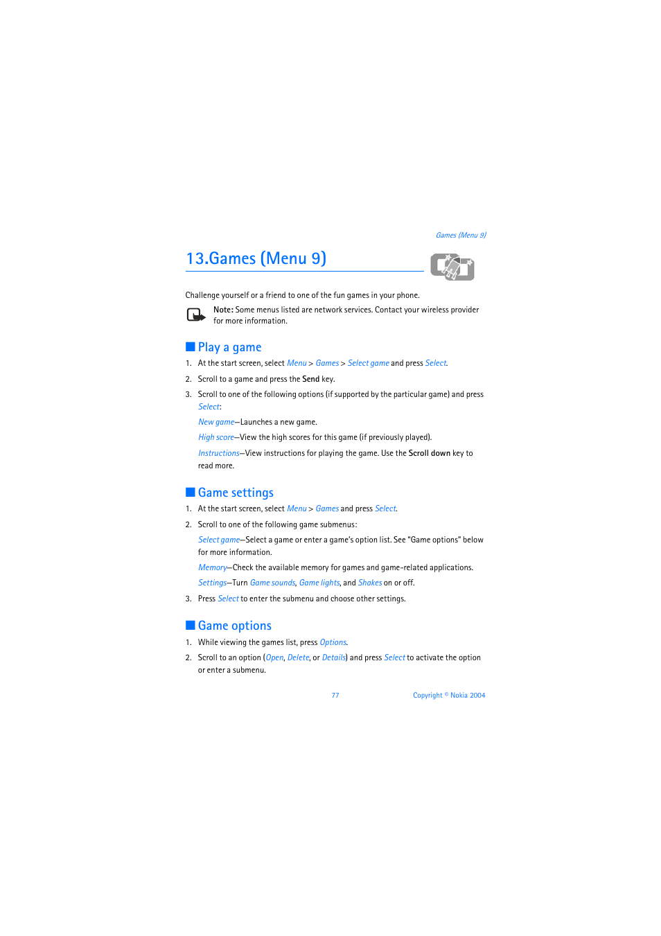 Games (menu 9), Play a game, Game settings | Game options | Nokia 3205 User Manual | Page 78 / 253