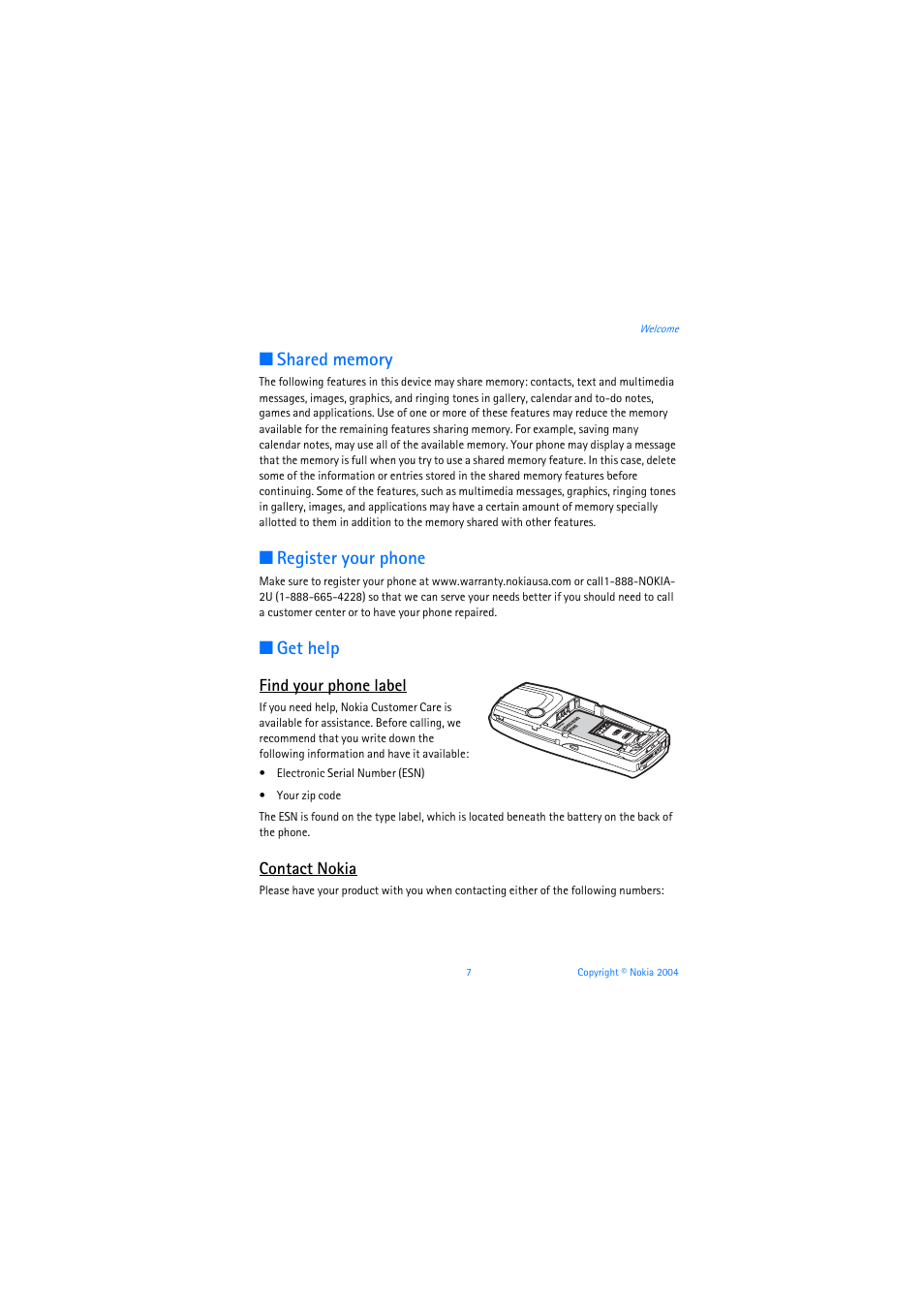 Shared memory, Register your phone, Get help | Find your phone label, Contact nokia | Nokia 3205 User Manual | Page 8 / 253