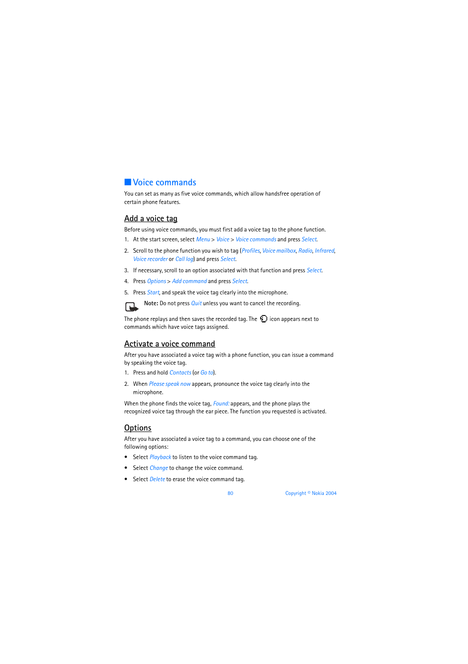 Voice commands, Add a voice tag, Activate a voice command | Options | Nokia 3205 User Manual | Page 81 / 253