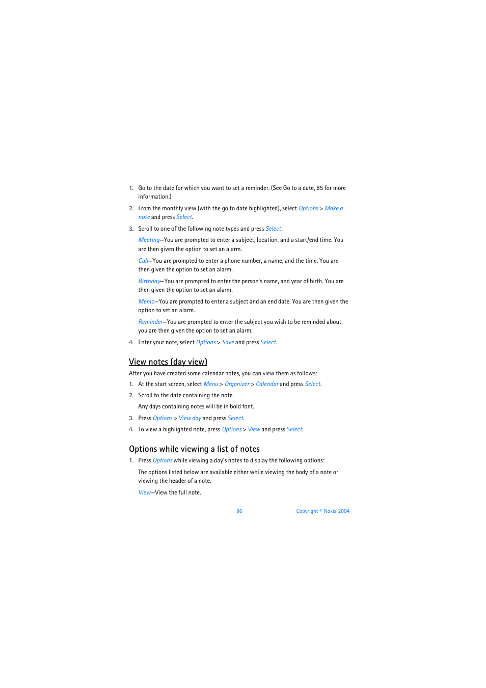 View notes (day view), Options while viewing a list of notes | Nokia 3205 User Manual | Page 87 / 253
