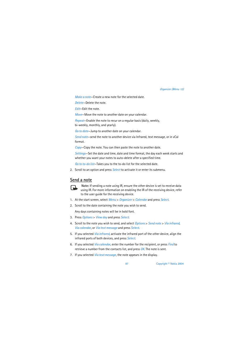 Send a note | Nokia 3205 User Manual | Page 88 / 253