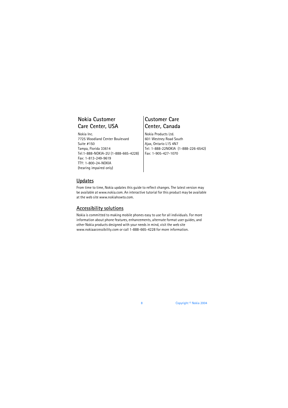 Updates, Accessibility solutions | Nokia 3205 User Manual | Page 9 / 253