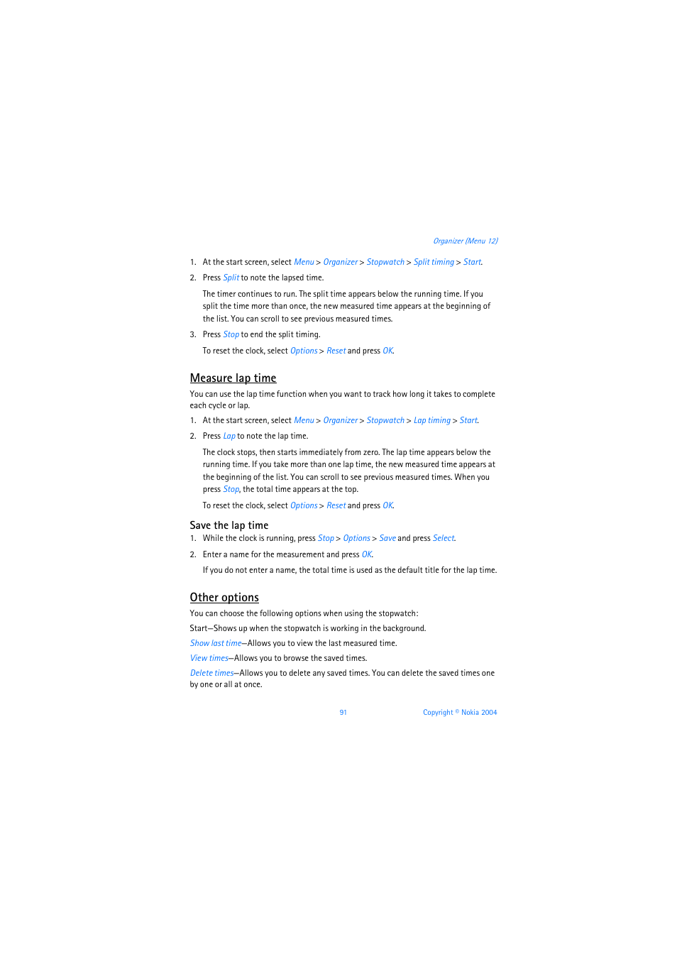 Measure lap time, Save the lap time, Other options | Nokia 3205 User Manual | Page 92 / 253