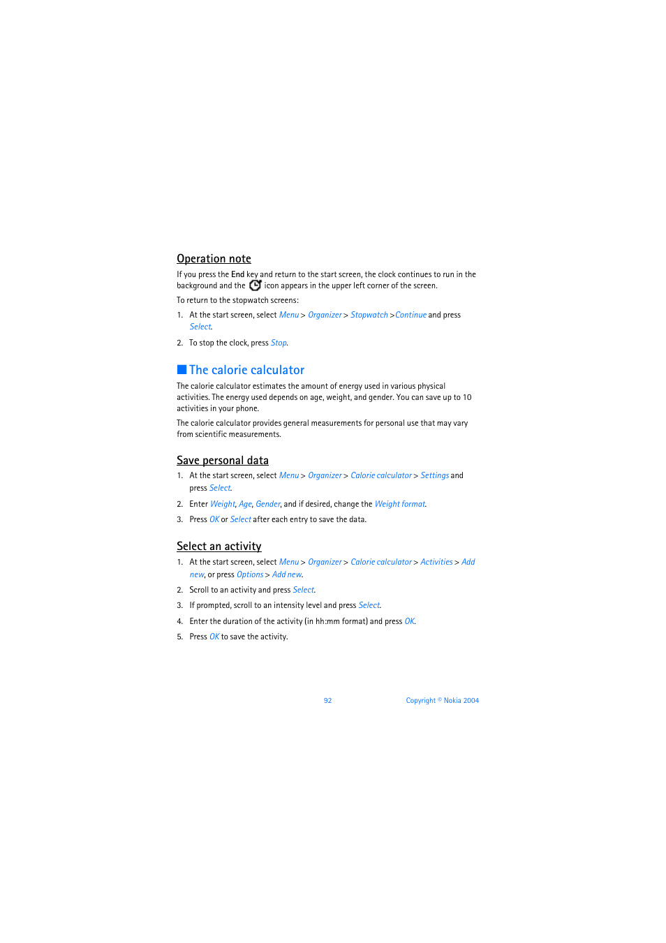 Operation note, The calorie calculator, Save personal data | Select an activity | Nokia 3205 User Manual | Page 93 / 253