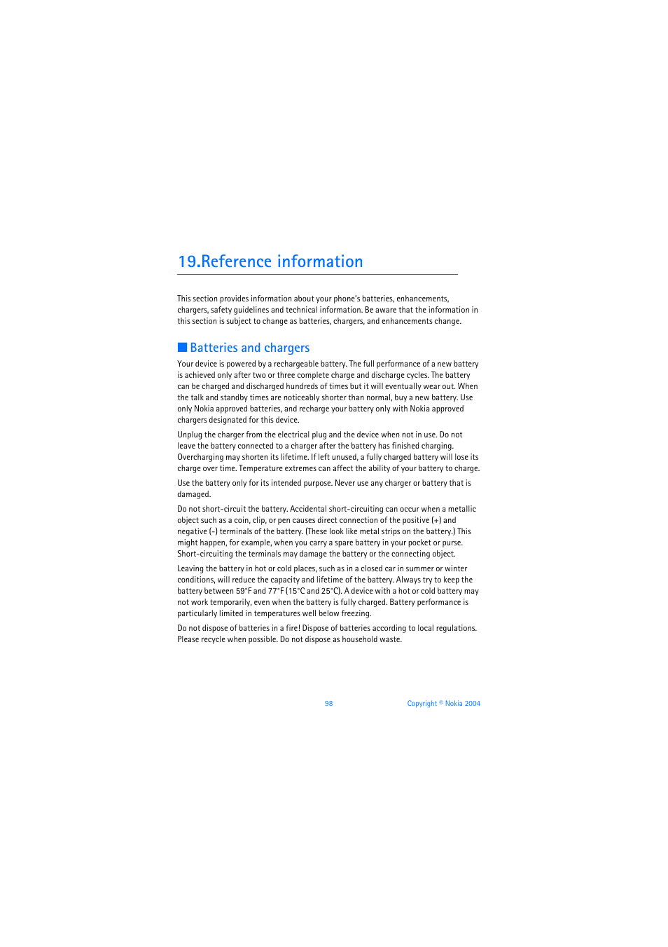 Referenceinformation, Batteries and chargers, Reference information | Nokia 3205 User Manual | Page 99 / 253