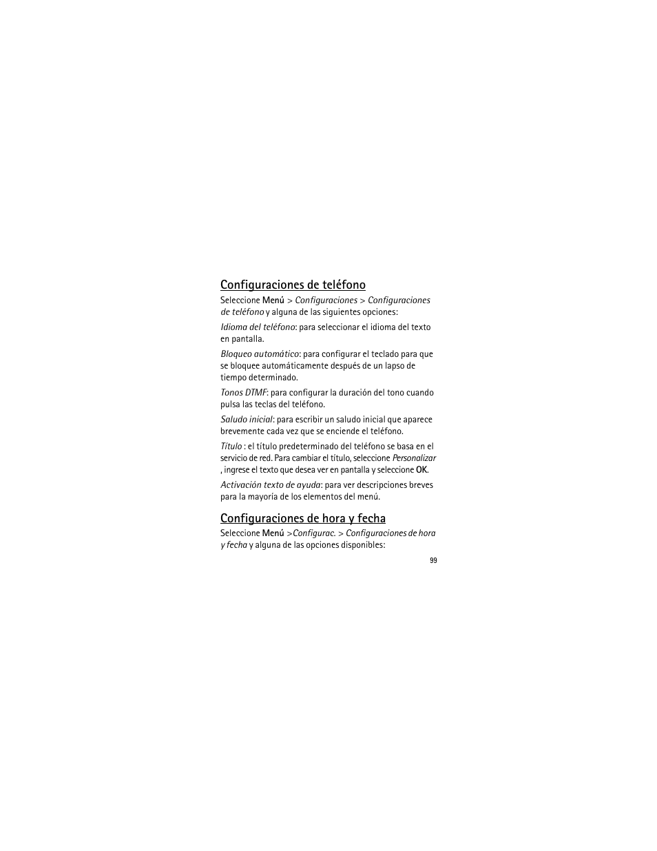 Configuraciones de teléfono, Configuraciones de hora y fecha | Nokia 2135 User Manual | Page 100 / 137