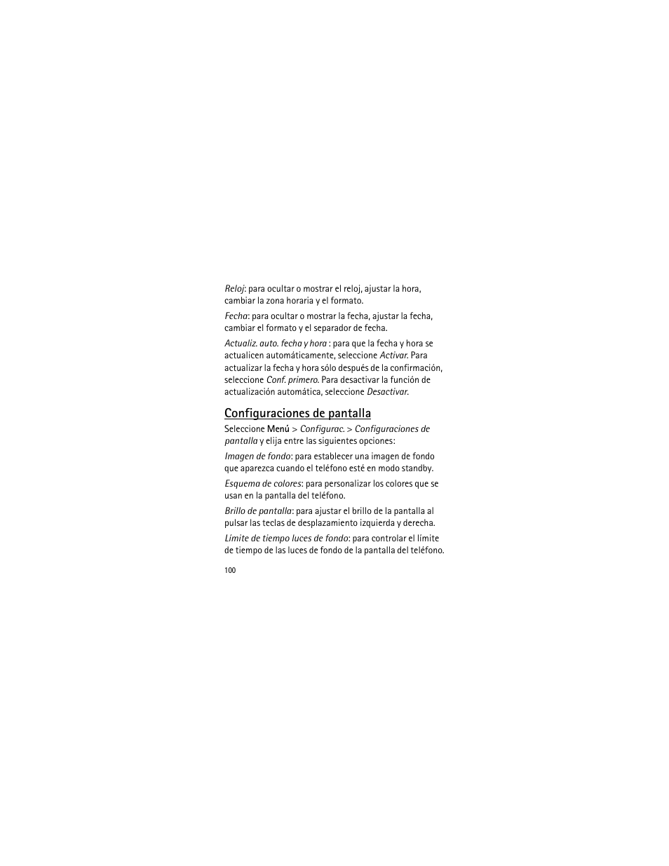Configuraciones de pantalla | Nokia 2135 User Manual | Page 101 / 137