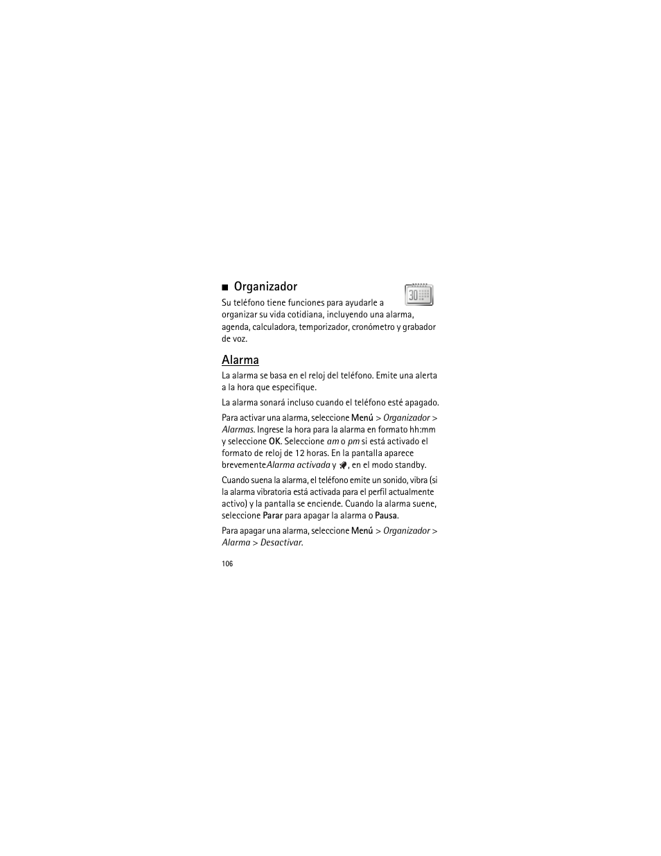 Organizador, Alarma | Nokia 2135 User Manual | Page 107 / 137