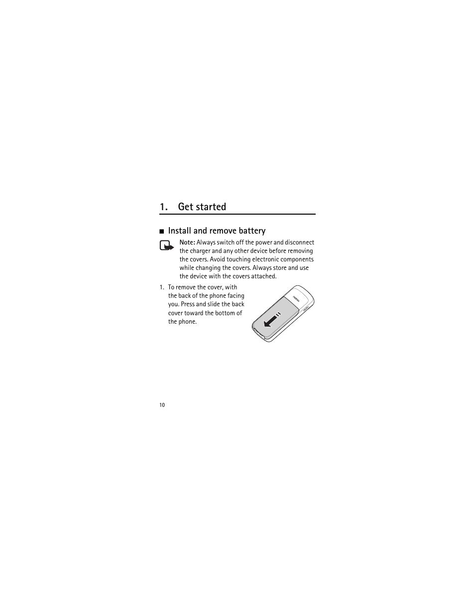 Get started, Install and remove battery | Nokia 2135 User Manual | Page 11 / 137