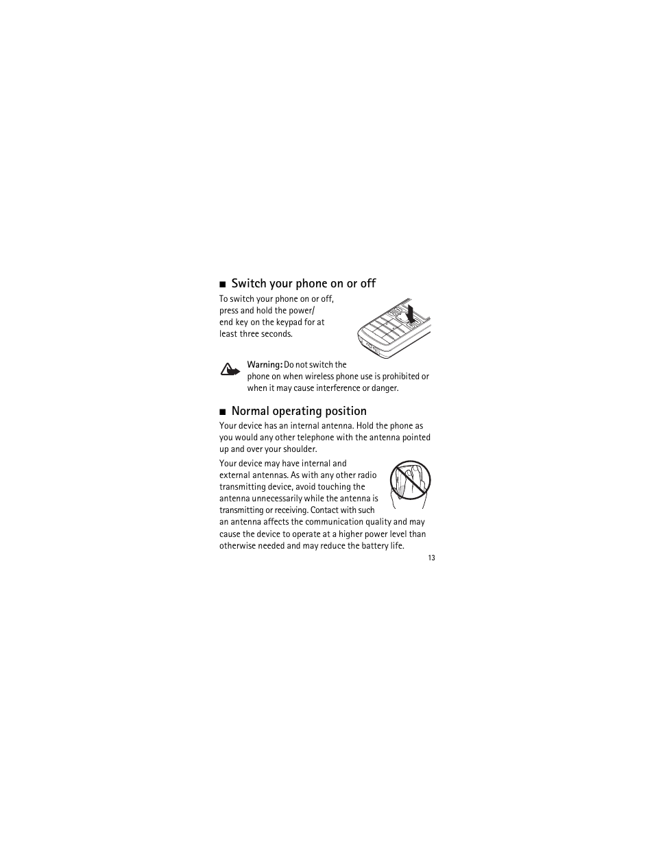 Switch your phone on or off, Normal operating position | Nokia 2135 User Manual | Page 14 / 137