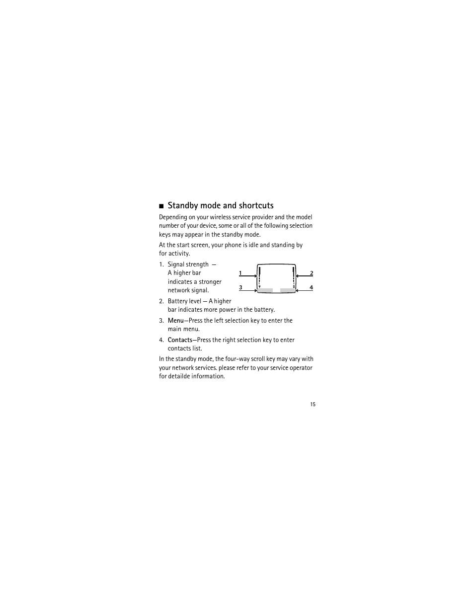 Standby mode and shortcuts | Nokia 2135 User Manual | Page 16 / 137