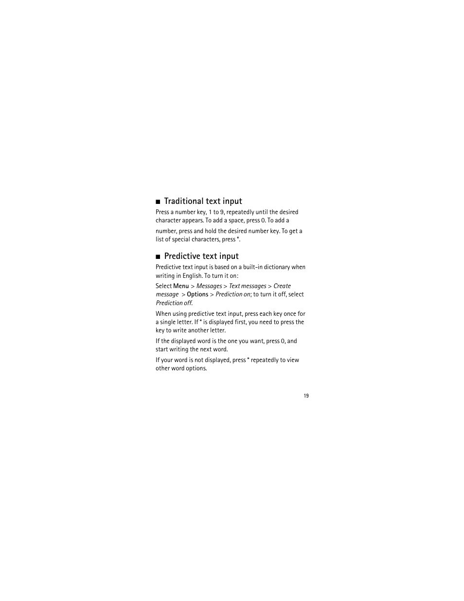 Traditional text input, Predictive text input | Nokia 2135 User Manual | Page 20 / 137