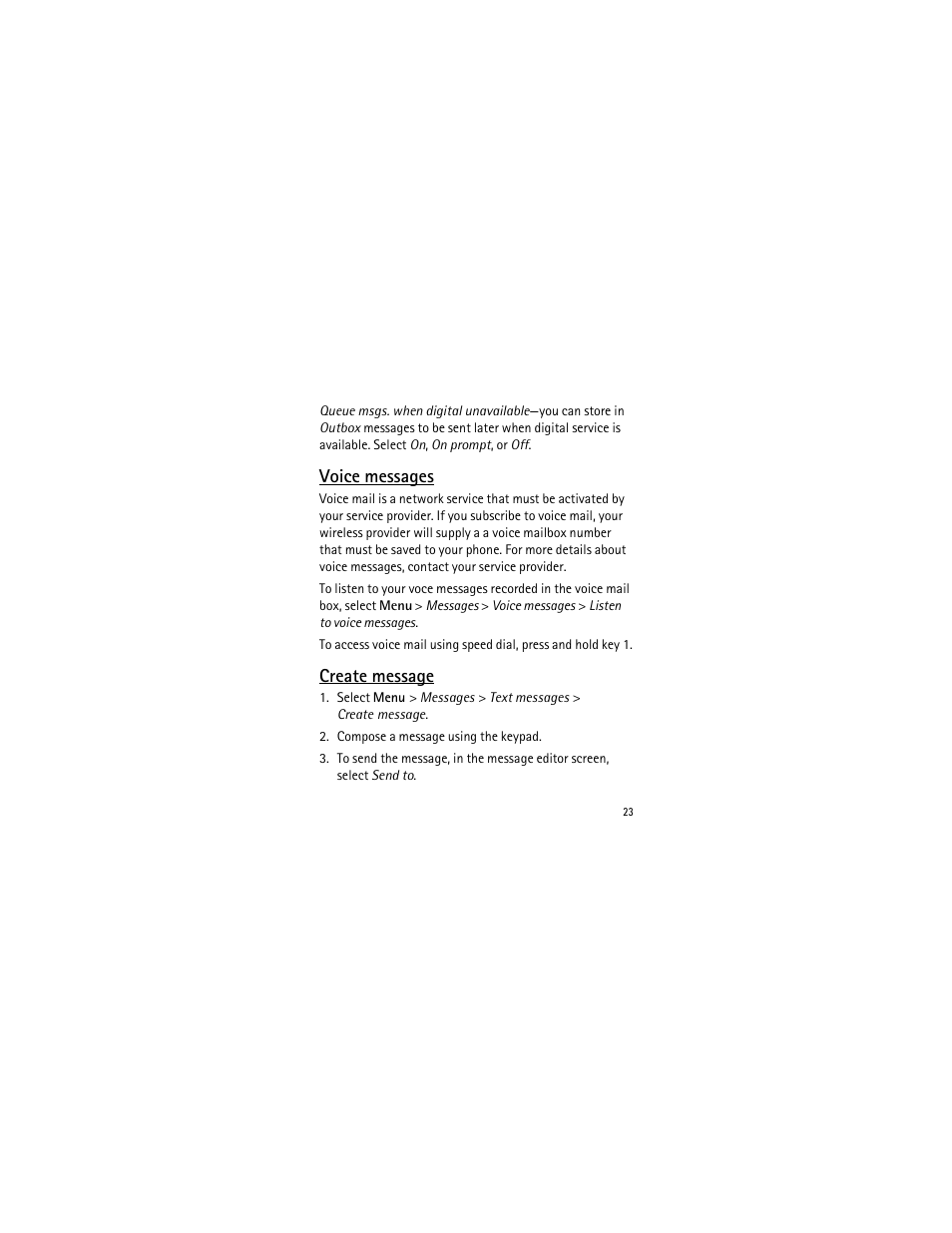Voice messages, Create message | Nokia 2135 User Manual | Page 24 / 137
