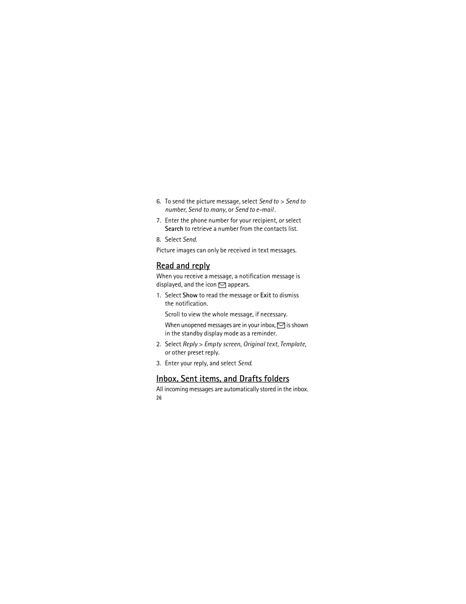 Read and reply, Inbox, sent items, and drafts folders | Nokia 2135 User Manual | Page 27 / 137
