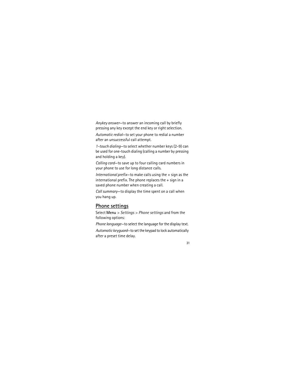 Phone settings | Nokia 2135 User Manual | Page 32 / 137