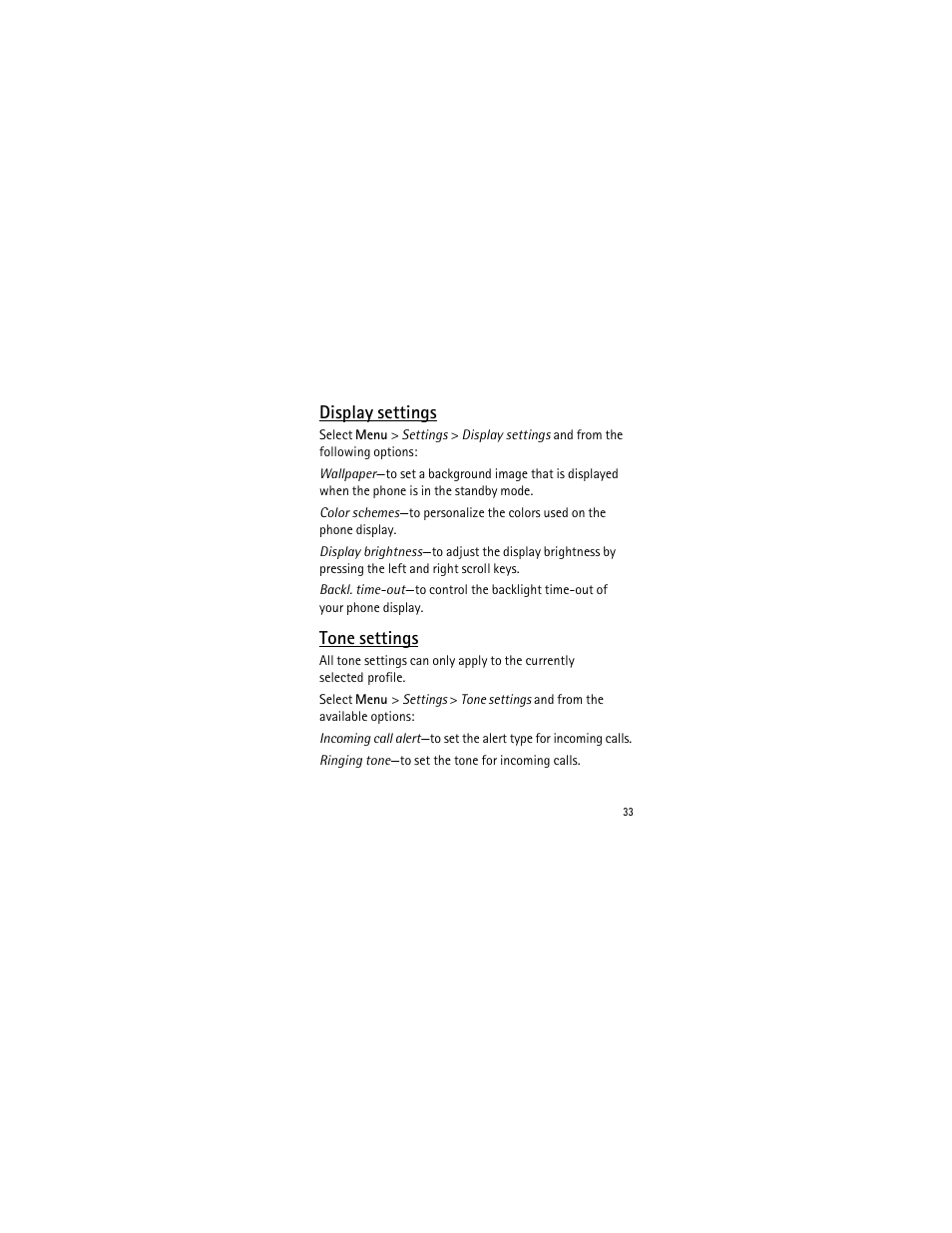 Display settings, Tone settings | Nokia 2135 User Manual | Page 34 / 137
