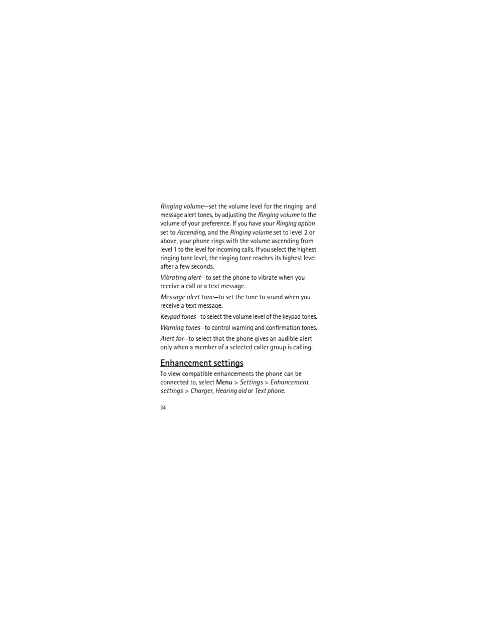 Enhancement settings | Nokia 2135 User Manual | Page 35 / 137