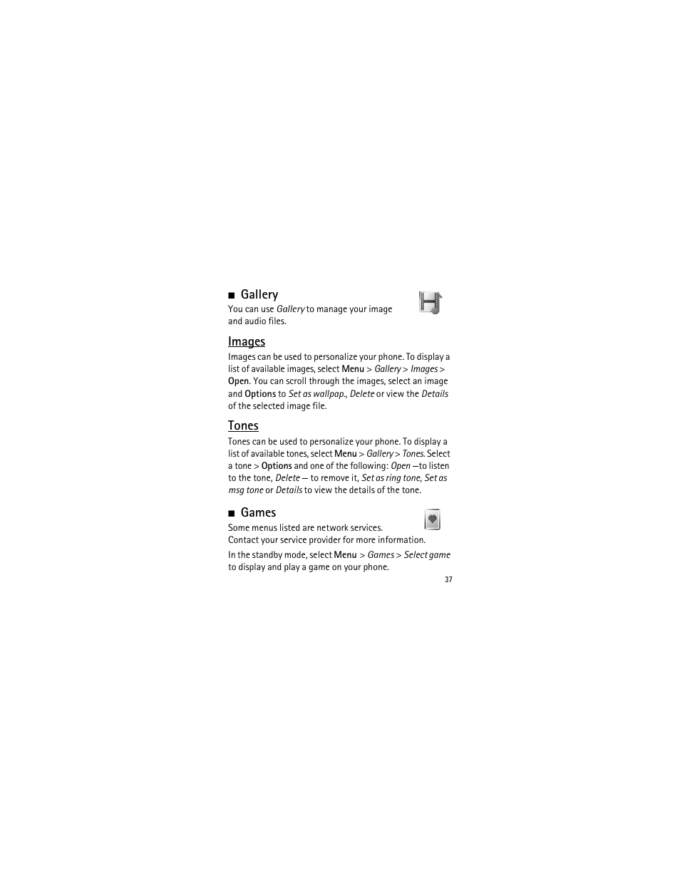 Gallery, Games | Nokia 2135 User Manual | Page 38 / 137