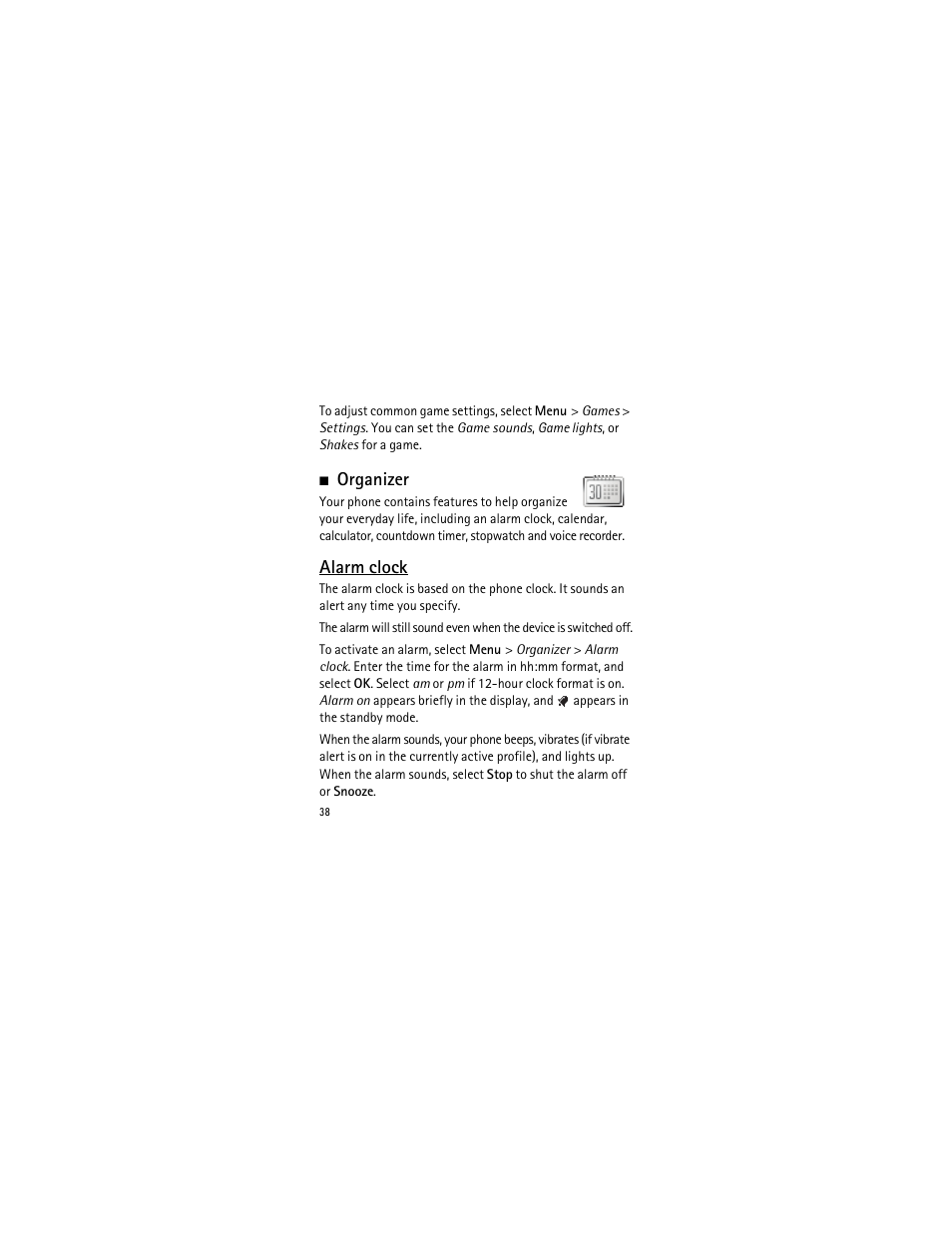 Organizer, Alarm clock | Nokia 2135 User Manual | Page 39 / 137