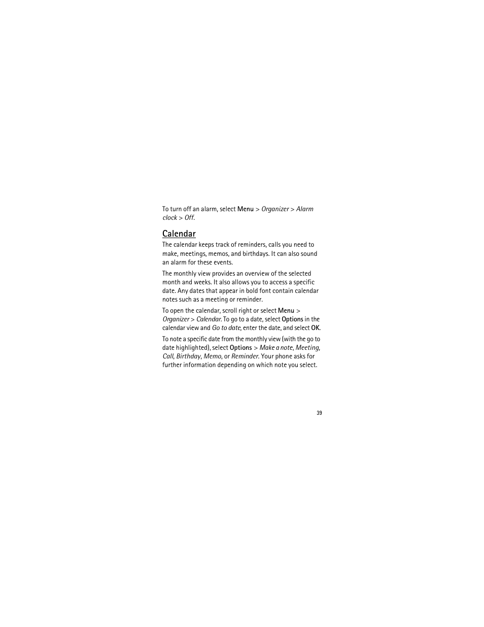 Calendar | Nokia 2135 User Manual | Page 40 / 137
