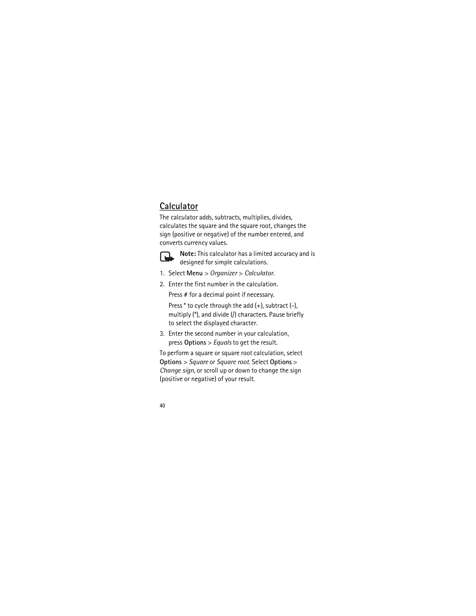 Calculator | Nokia 2135 User Manual | Page 41 / 137