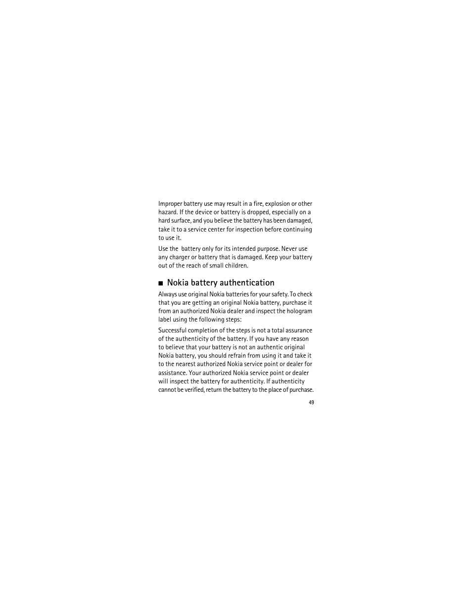 Nokia battery authentication | Nokia 2135 User Manual | Page 50 / 137