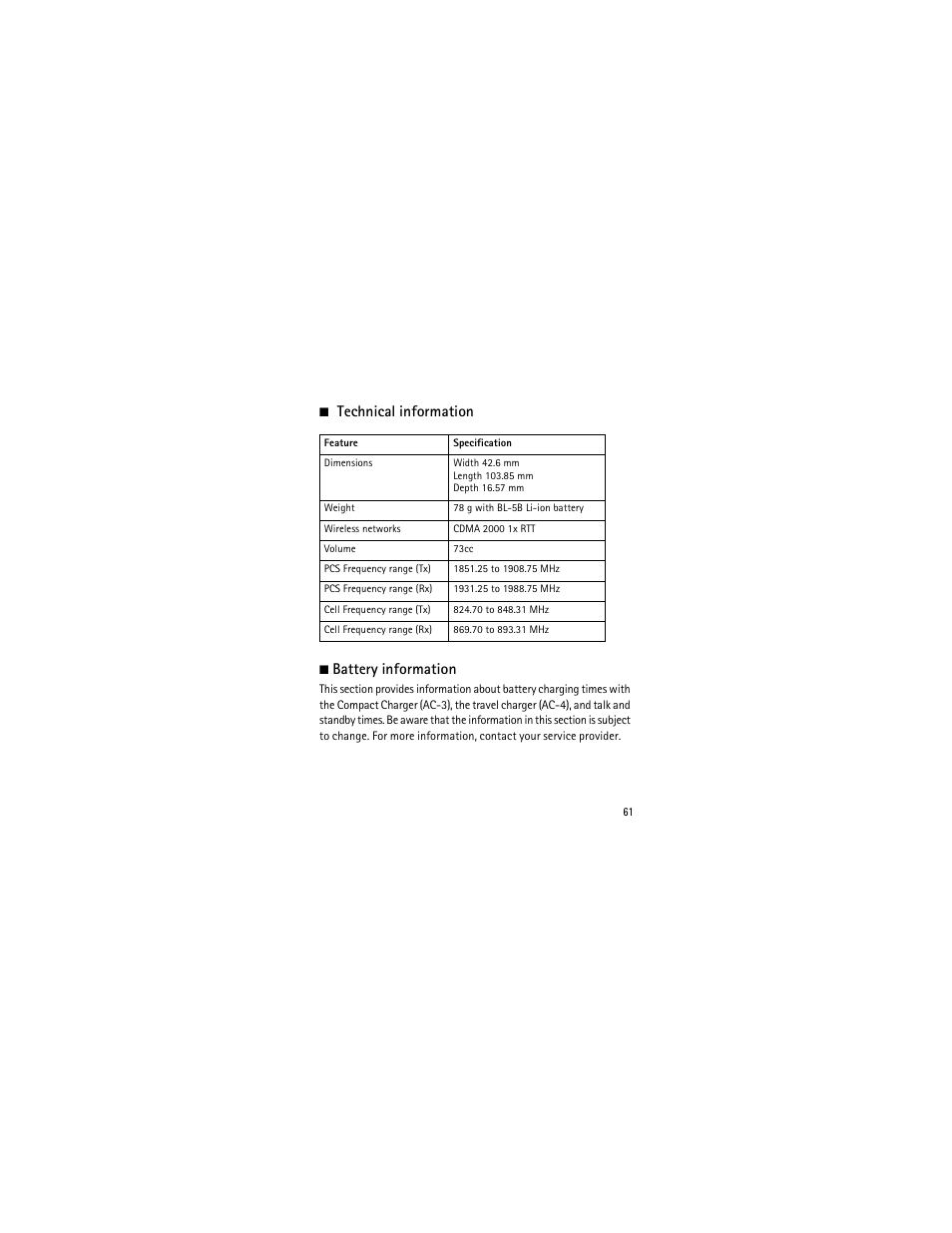 Technical information, Battery information | Nokia 2135 User Manual | Page 62 / 137