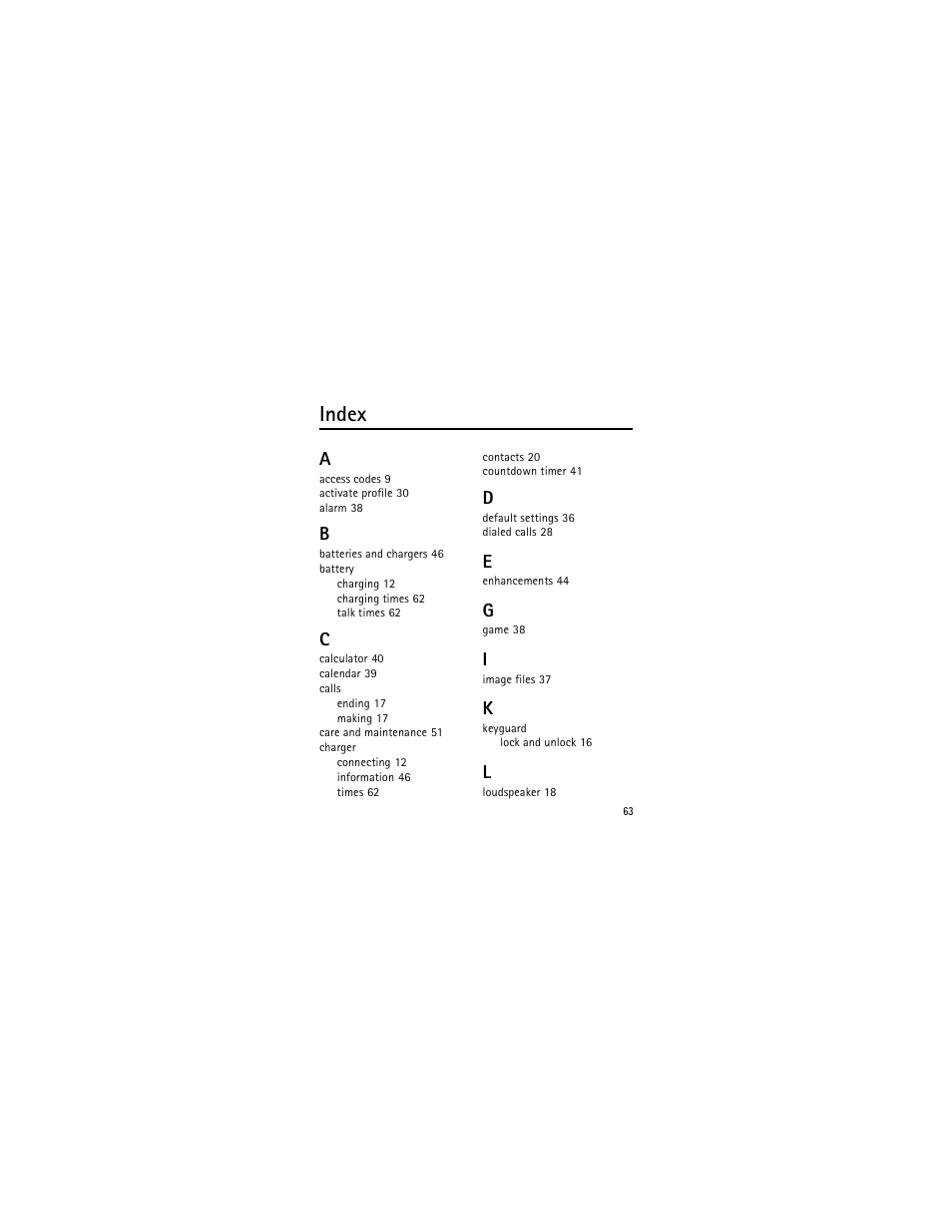 Index | Nokia 2135 User Manual | Page 64 / 137