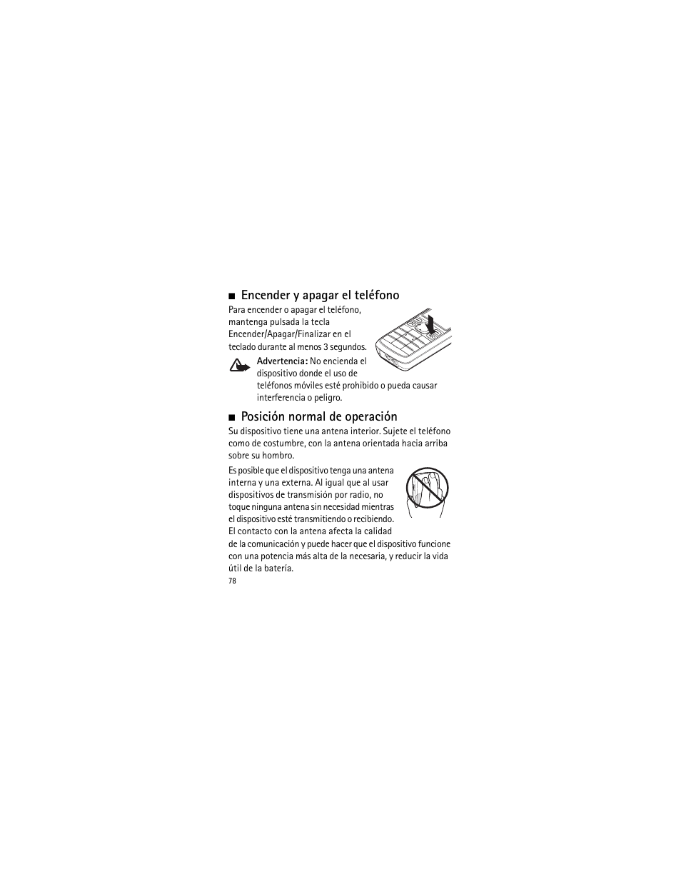 Encender y apagar el teléfono, Posición normal de operación | Nokia 2135 User Manual | Page 79 / 137
