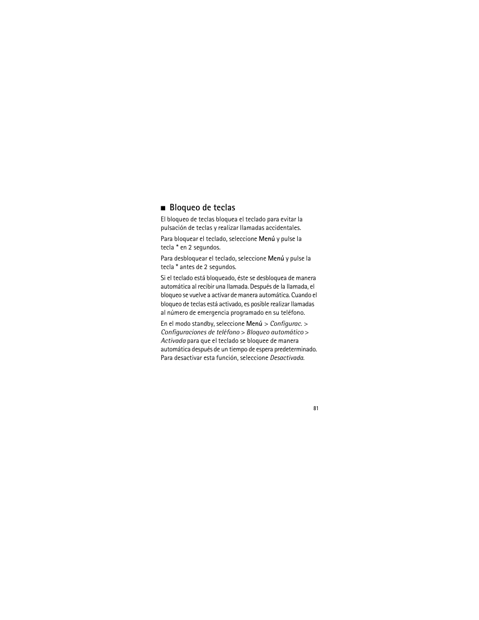 Bloqueo de teclas | Nokia 2135 User Manual | Page 82 / 137
