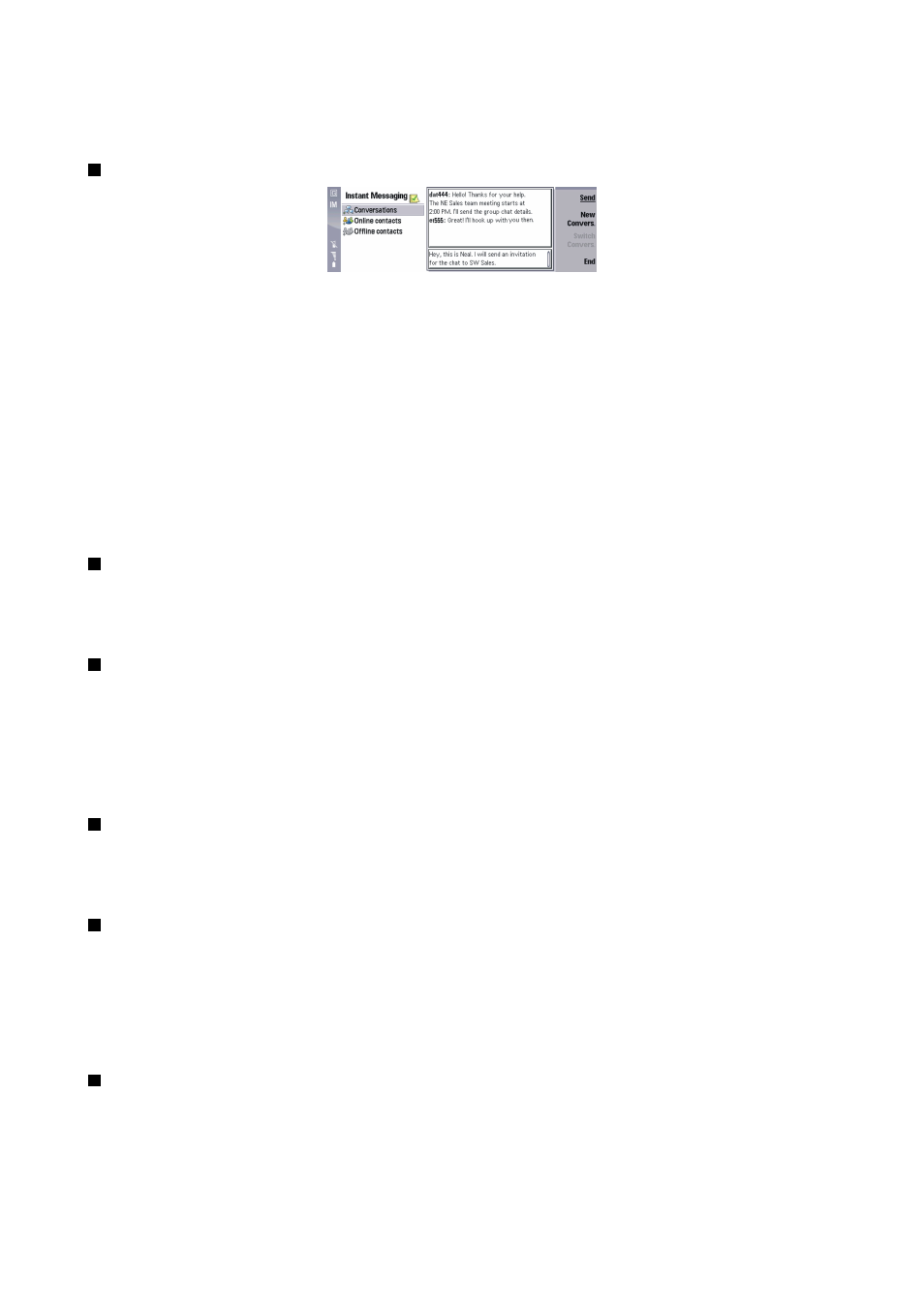 Chatting in an im group, Entering an im group, Defining your screen name for a group chat | Creating an im group, Inviting several im users to a group chat, Inviting your contacts to a group chat | Nokia 9300 User Manual | Page 61 / 116