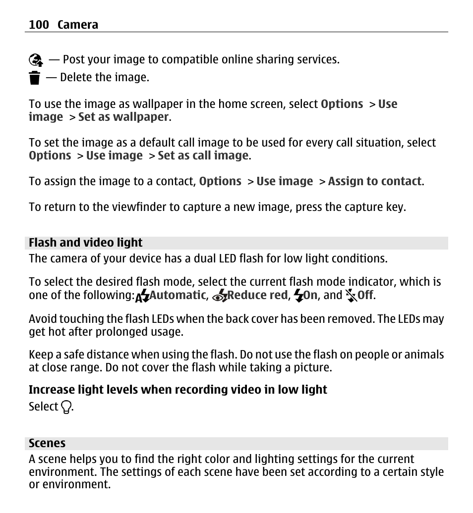 Flash and video light, Scenes | Nokia X6-00 16GB User Manual | Page 100 / 202