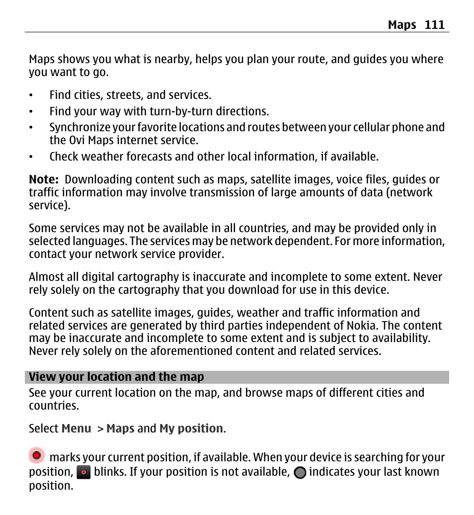 View your location and the map | Nokia X6-00 16GB User Manual | Page 111 / 202