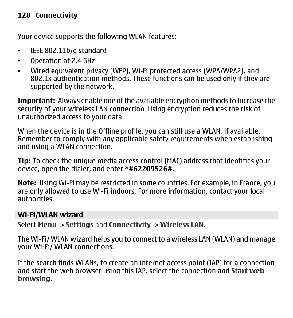 Wi-fi/wlan wizard | Nokia X6-00 16GB User Manual | Page 128 / 202