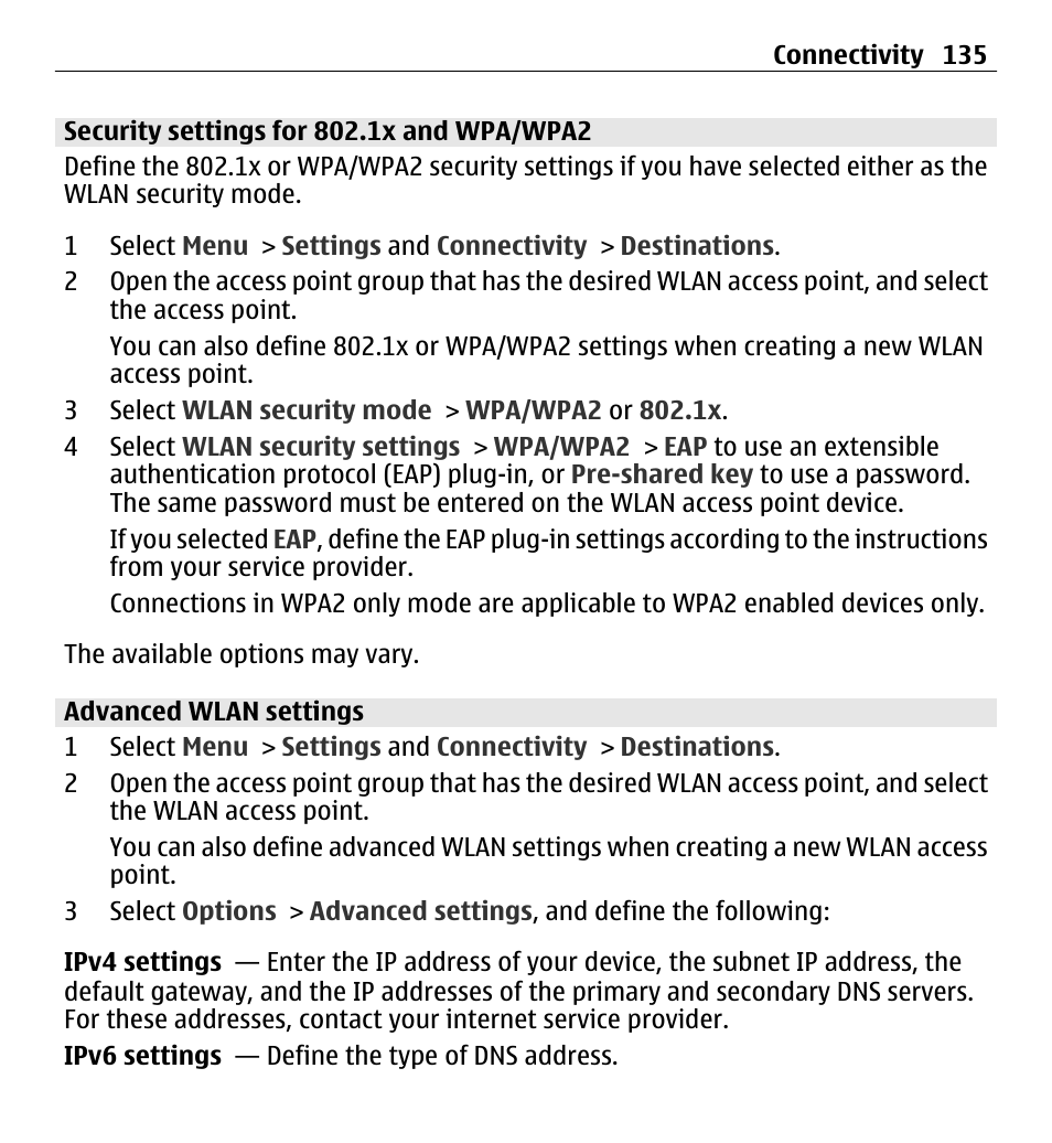 Security settings for 802.1x and wpa/wpa2, Advanced wlan settings | Nokia X6-00 16GB User Manual | Page 135 / 202